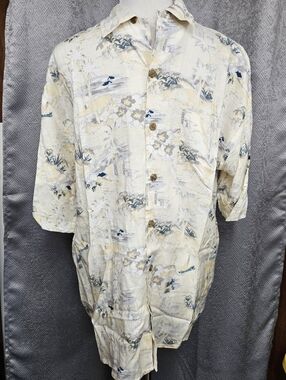 Morro Bay Palm Print Button-Up Shirt Cream & Blue Floral Hawaiian Medium